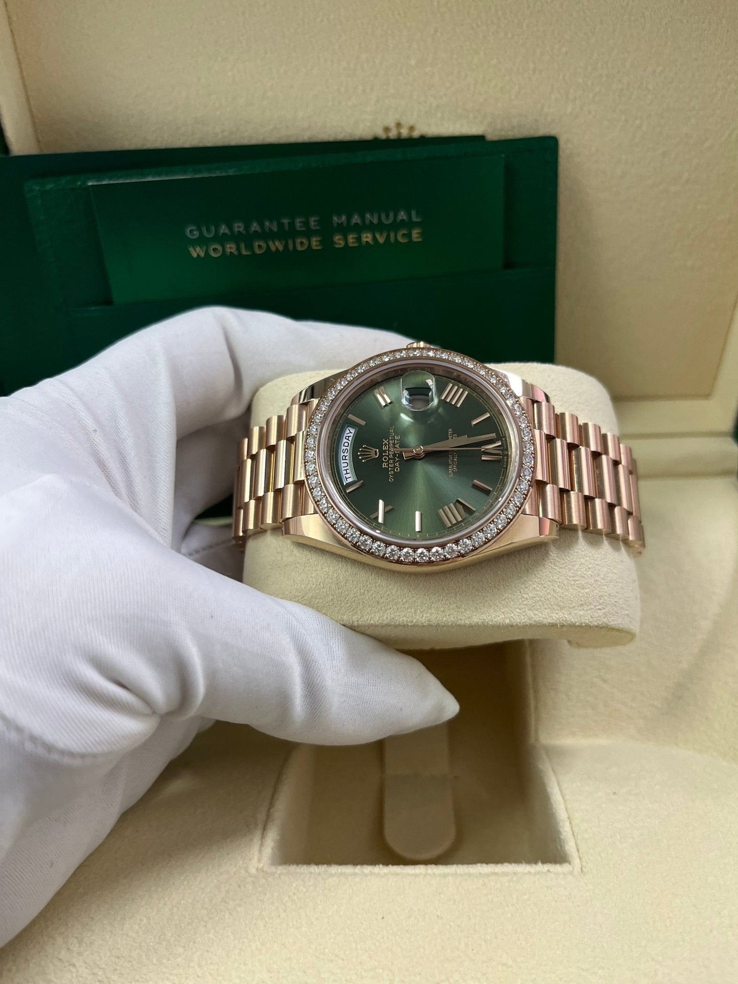 Rolex Everose Gold Day-Date 40 Watch - Everose Gold Bezel - Olive Green Bevelled Roman Dial - President Bracelet (Ref# 228345RBR)