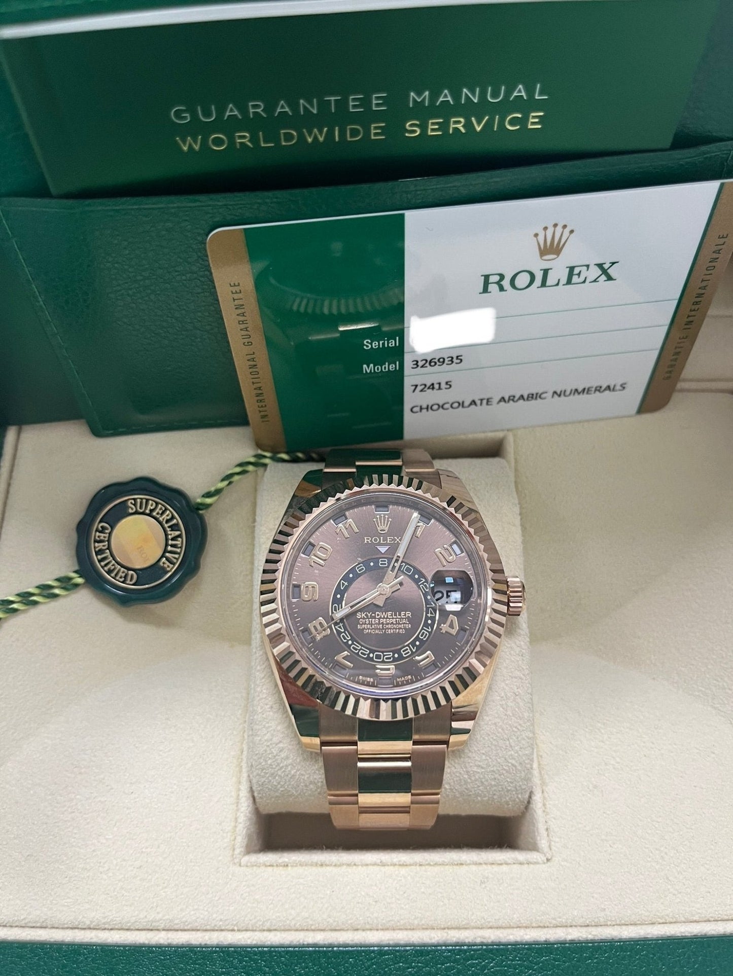 Rolex Sky-Dweller Rose Gold Sky-Dweller Chocolate Sunray Arabic Dial (Reference # 326935)