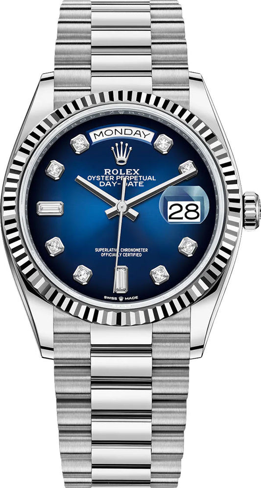 Rolex White Gold Day-Date 36 Watch - Fluted Bezel - Blue Ombre´ Diamond Dial - President Bracelet (Ref # 128239)