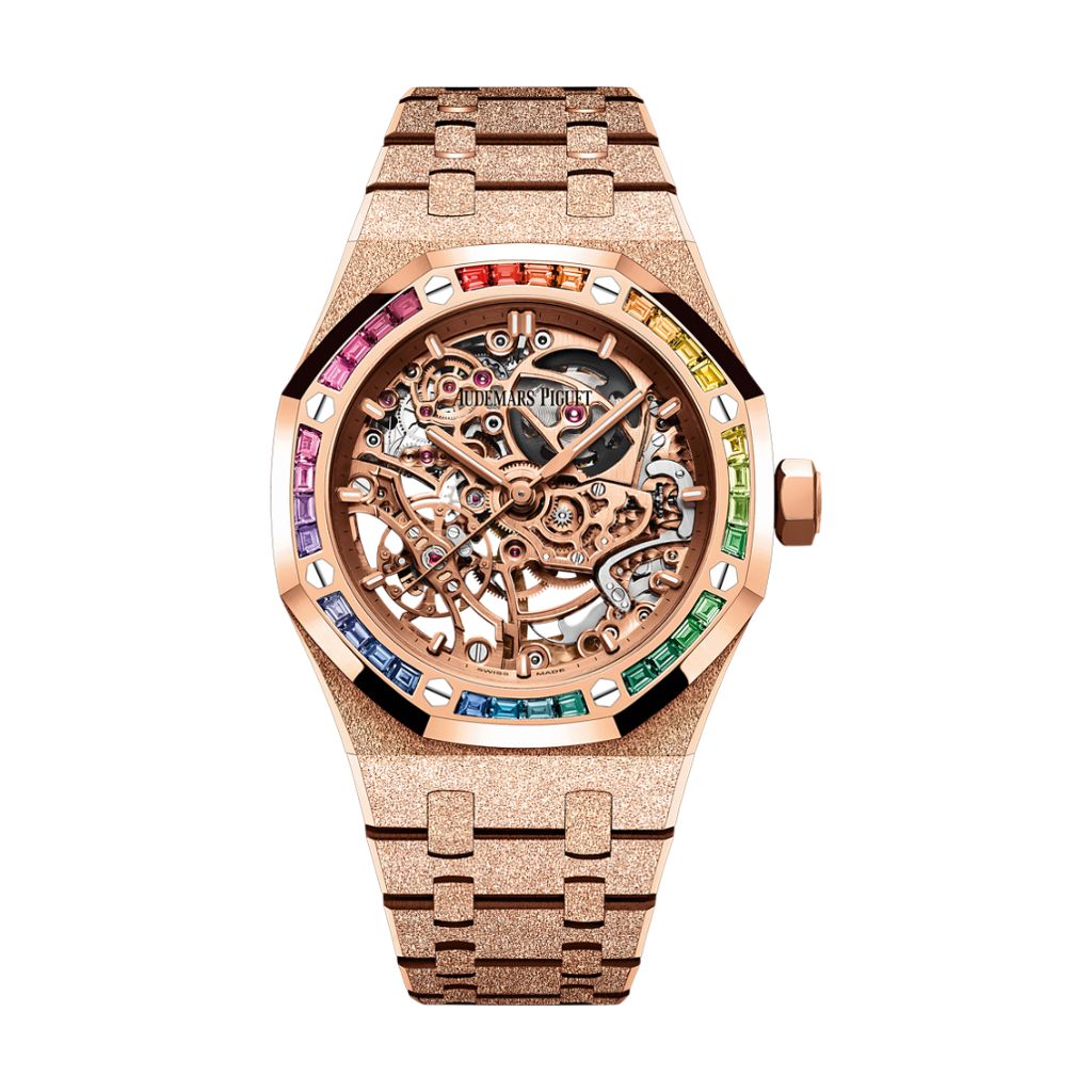 Audemars Piguet Royal Oak Frosted Gold Double Balance Wheel Openworked 37 mm Transparent Dial with Diamonds 18-Carat Pink Gold Bracelet 15468OR.YG.1259OR.01-B