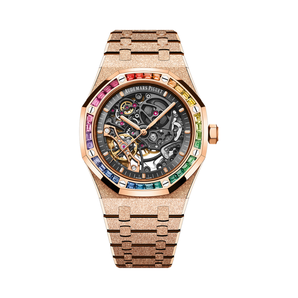 Audemars Piguet Royal Oak Frosted Gold Double Balance Wheel Openworked 41 mm Slate Grey Dial with Diamonds 18-Carat Pink Gold Bracelet 15412OR.YG.1224OR.01-B