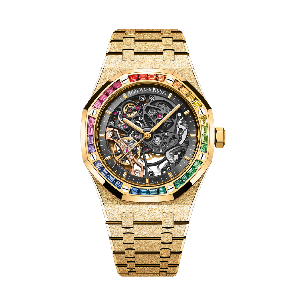 Audemars Piguet Royal Oak Frosted Gold Double Balance Wheel Openworked 41 mm Slate Grey Dial with Diamonds 18-Carat Yellow Gold Bracelet 15412BA.YG.1224BA.01-B