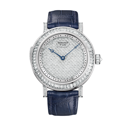 Breguet Classique 44.50 mm Diamond Paved Dial White Gold Dark Blue Leather Strap 7639BB/6D/9XV/DD0D