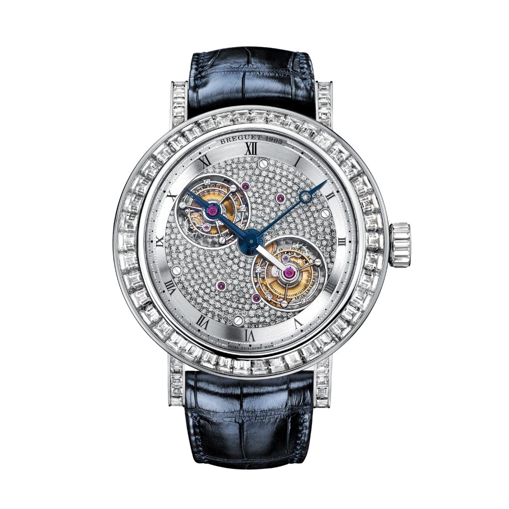 Breguet Classique 50 mm Diamond Paved Dial Platinum Dark Blue Leather Strap 5349PT/11/9YV/DD0D