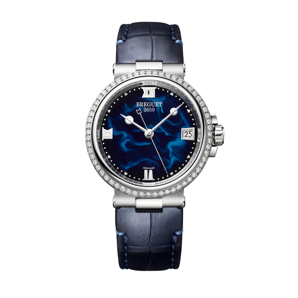 Breguet Marine 33.8 mm Blue Dial with Diamonds Stainless Steel Black Leather Strap 9518ST/E2/984/D000
