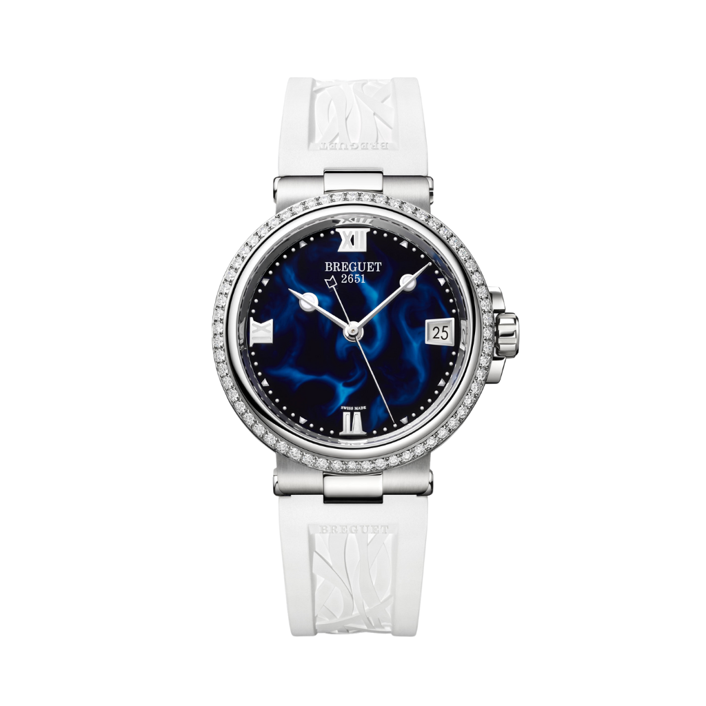 Breguet Marine 33.8 mm Blue Dial with Diamonds Stainless Steel White Rubber Strap 9518ST/E2/584/D000