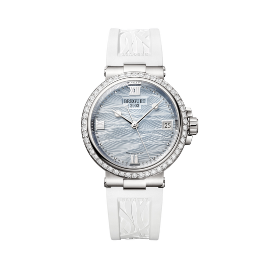 Breguet Marine 33.8 mm Silver Dial with Diamonds White Gold White Rubber Strap 9518BB/V2/584/D000
