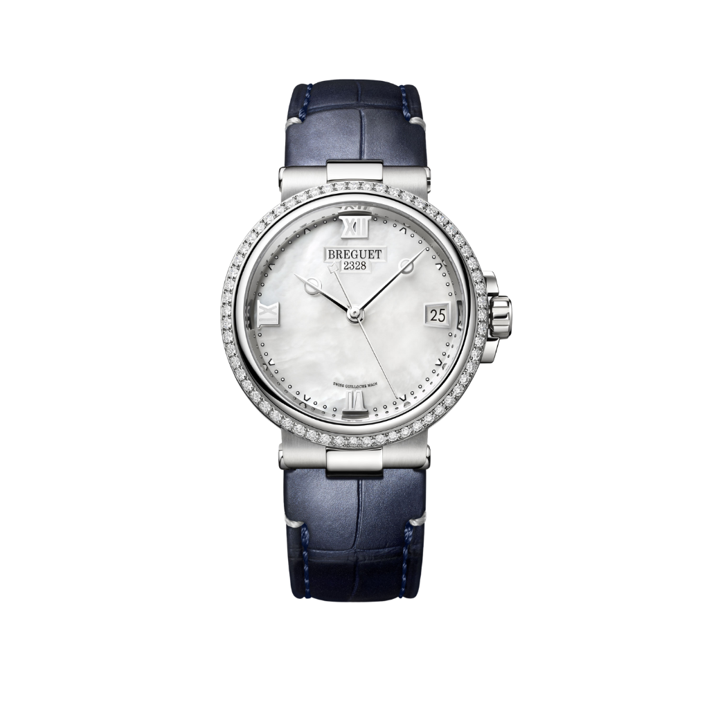 Breguet Marine 33.8 mm White Dial with Diamonds Stainless Steel Black Leather Strap 9518ST/5W/984/D000