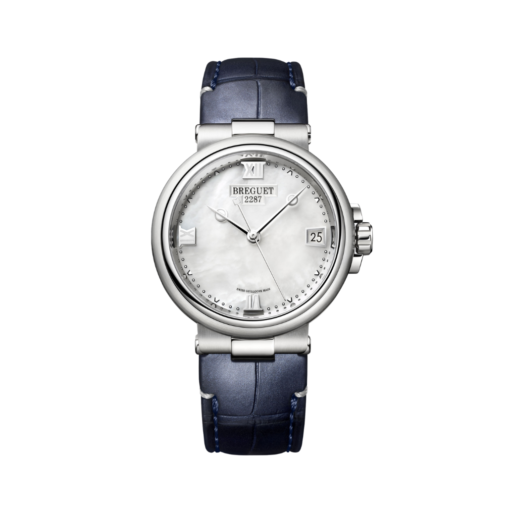 Breguet Marine 33.8 mm White Mother-Of-Pearl Dial Stainless Steel Black Leather Strap 9517ST/5W/984