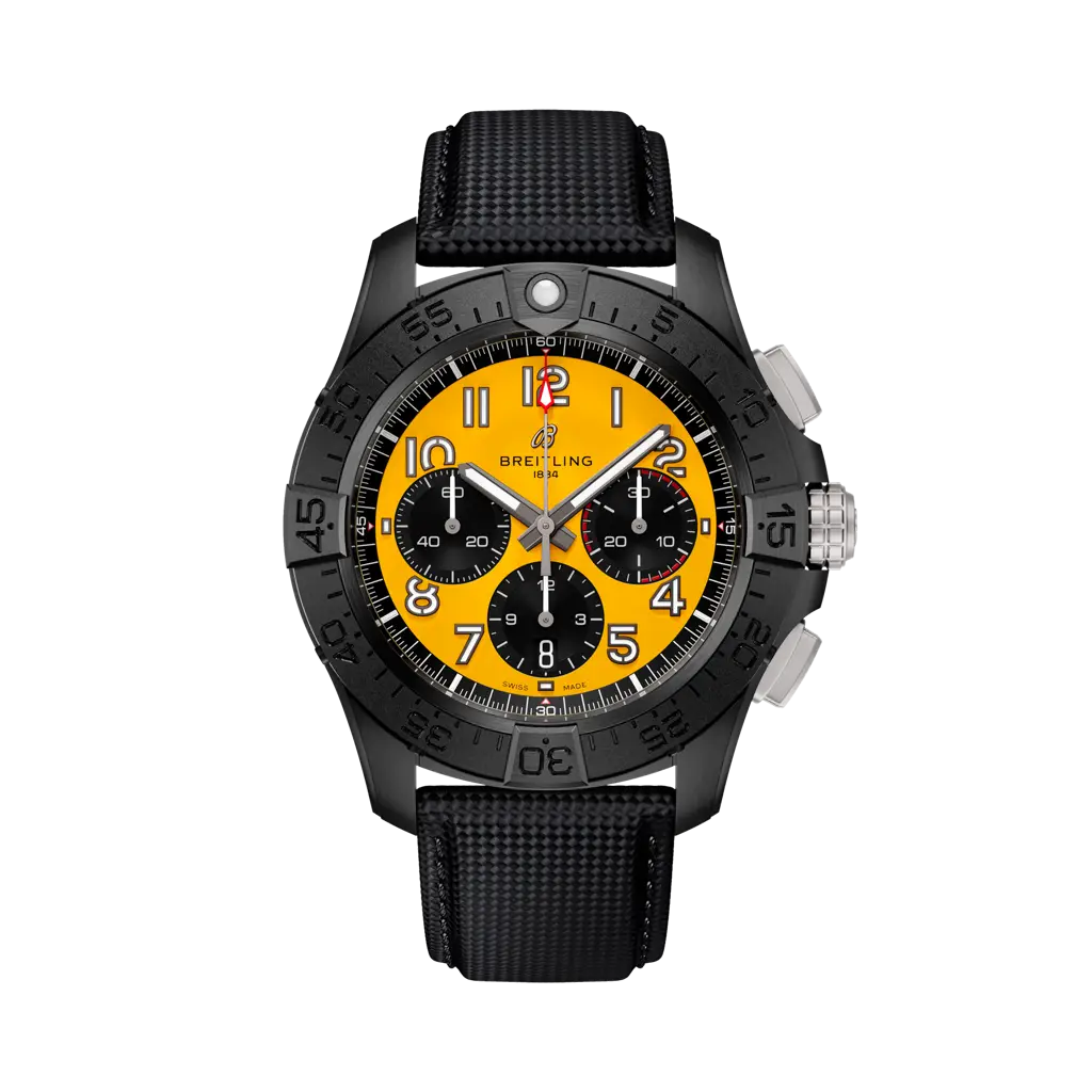 Breitling Avenger B01 Chronograph 44 Night Mission 44 mm Black And Yellow Dial Ceramic Leather Anthracite Strap SB0147101I1X2