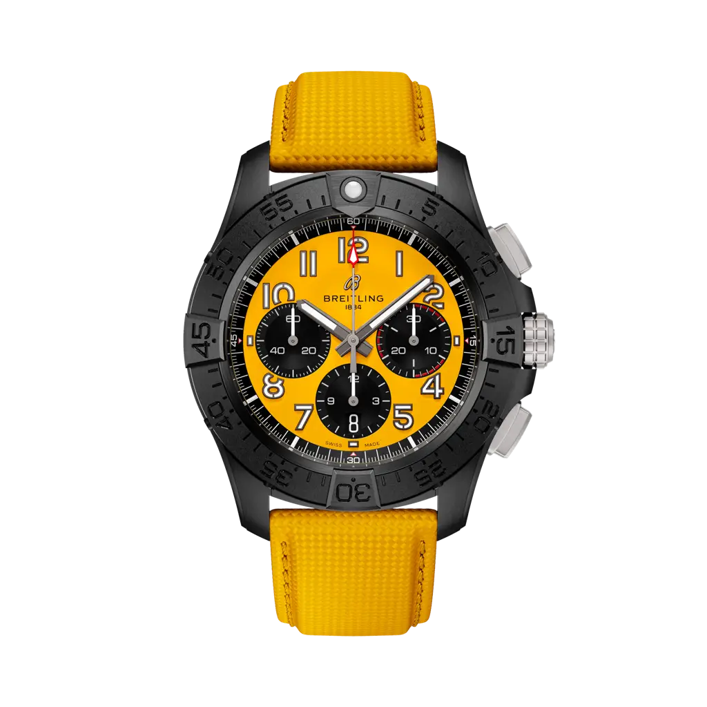 Breitling Avenger B01 Chronograph 44 Night Mission 44 mm Black And Yellow Dial Ceramic Leather Yellow Strap SB0147101I1X1
