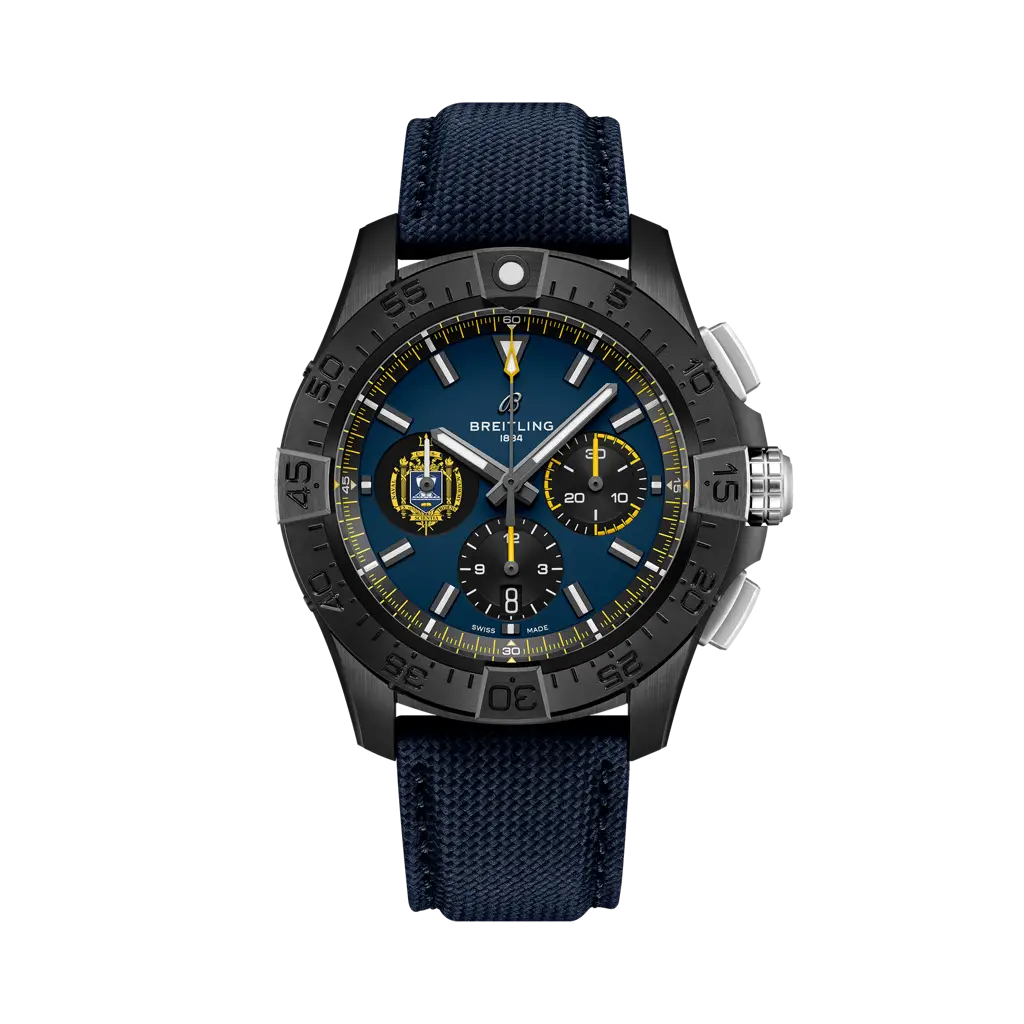 Breitling Avenger B01 Chronograph 44 Night Mission US Naval Academy 44 mm Bright Blue Dial Ceramic Leather Strap SB01474A1C1X1
