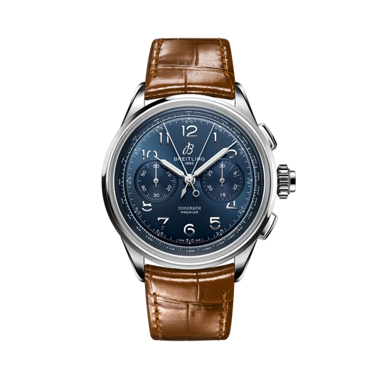 Breitling B15 Duograph 42 mm Blue Dial Stainless Steel Leather Gold Brown Strap AB1510171C1P1