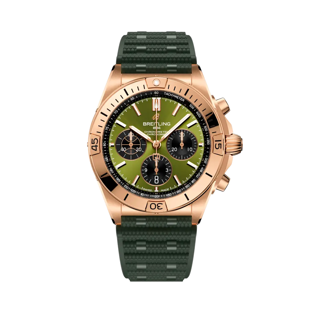 Breitling Chronomat B01 42 mm Olive & Black Dial 18K Red Gold Green Rubber Strap RB01344A1L1S1