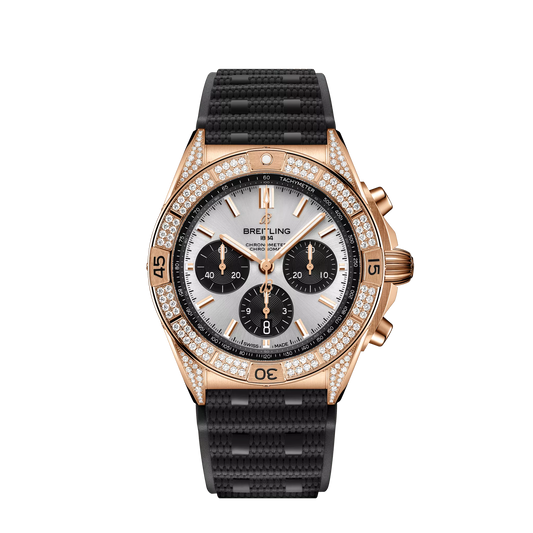 Breitling Chronomat B01 42 mm Silver and Black Dial 18K Red Gold (Gem-Set) Black Rubber Strap RB0134721G1S2