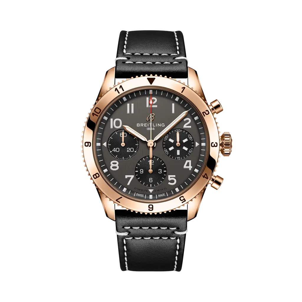 Breitling Classic AVI Chronograph 42 P-51 Mustang 42 mm Bright Black Dial 18K Red Gold   Leather Strap R233801A1B1X1