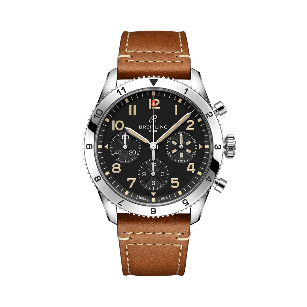 Breitling Classic AVI Chronograph 42 P-51 Mustang 42 mm Bright Black Dial Stainless Steel   Leather Strap A233803A1B1X1