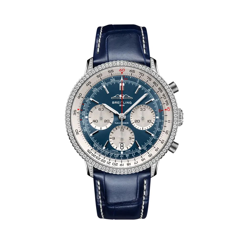 Breitling Navitimer B01 Chronograph 41 mm Silver With Blue Dial Stainless steel (gem-set) Leather Strap AB0139631C1P1
