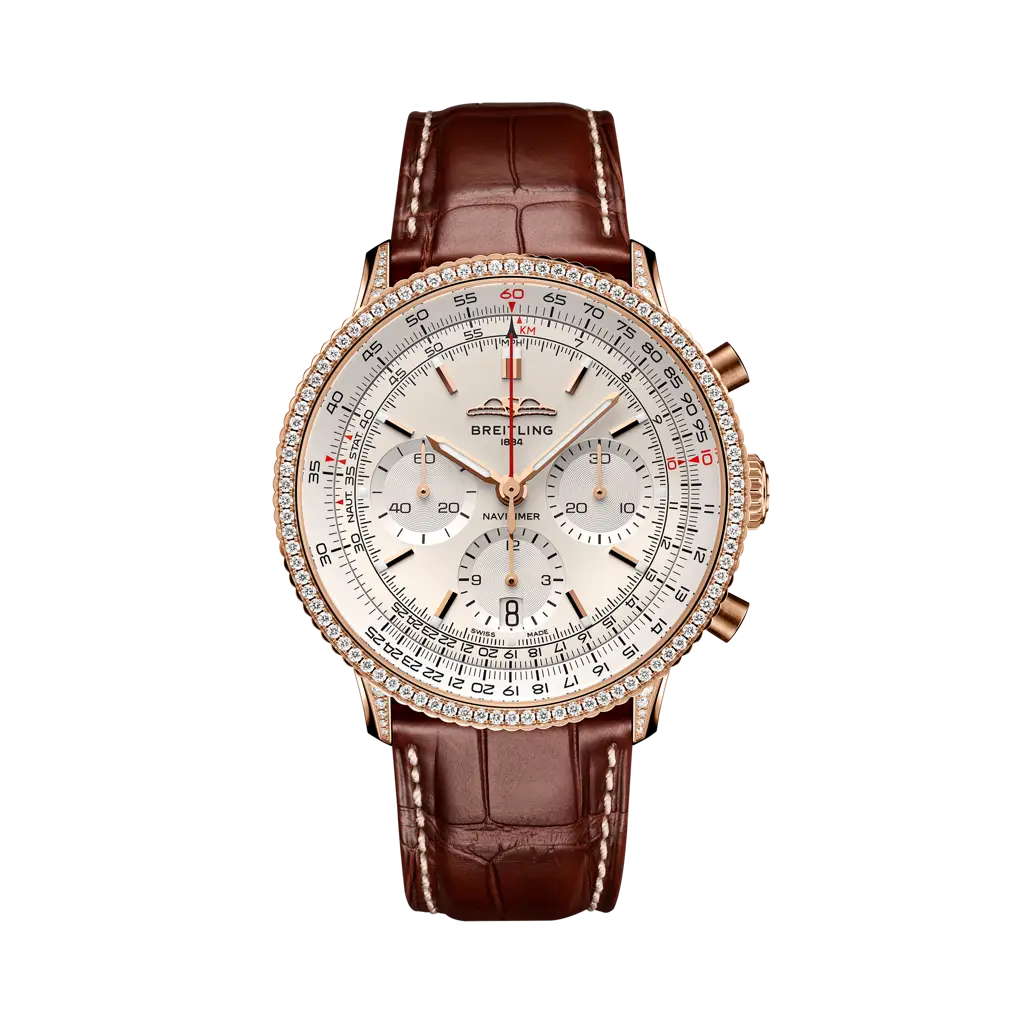 Breitling Navitimer B01 Chronograph 41 mm White Dial 18K Red Gold (Gem-Set)   Leather Strap RB0139631G1P1