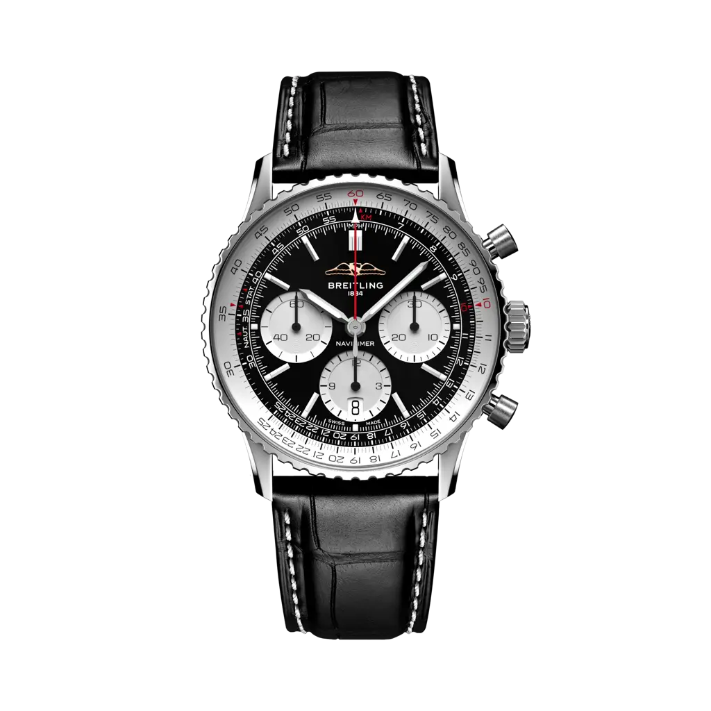 Breitling Navitimer B01 Chronograph 41 mm White With Black Dial Stainless Steel Leather Strap AB0139211B1P1