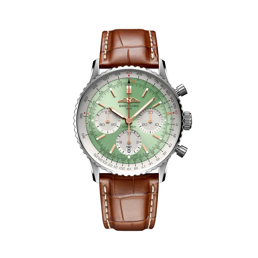 Breitling Navitimer B01 Chronograph 41 mm White With Olive Green Dial Stainless Steel Leather Strap AB0139211L1P1