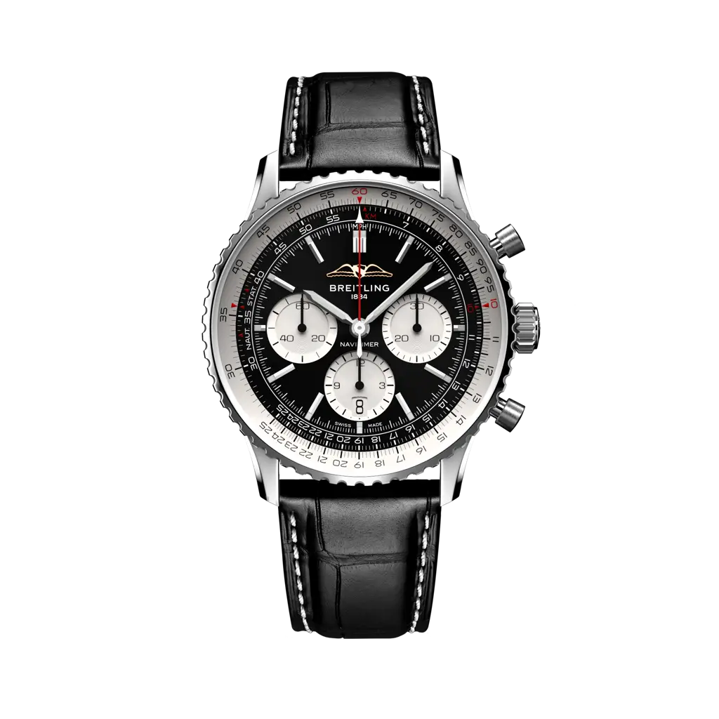 Breitling Navitimer B01 Chronograph 43 mm Black And White Dial Stainless Steel Leather Strap AB0138211B1P1