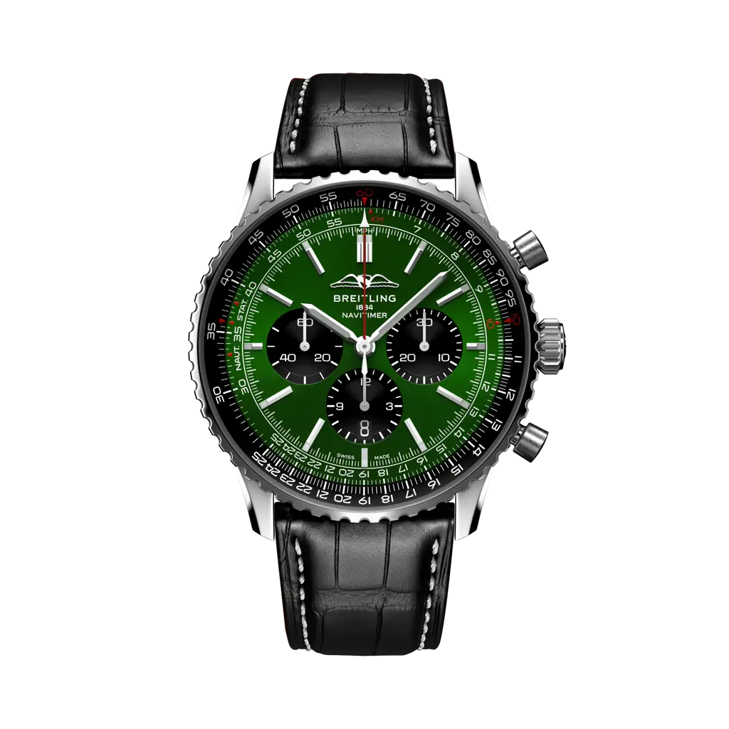 Breitling Navitimer B01 Chronograph 46 mm Black And Green Dial Stainless Steel Leather Strap AB0137241L1P1