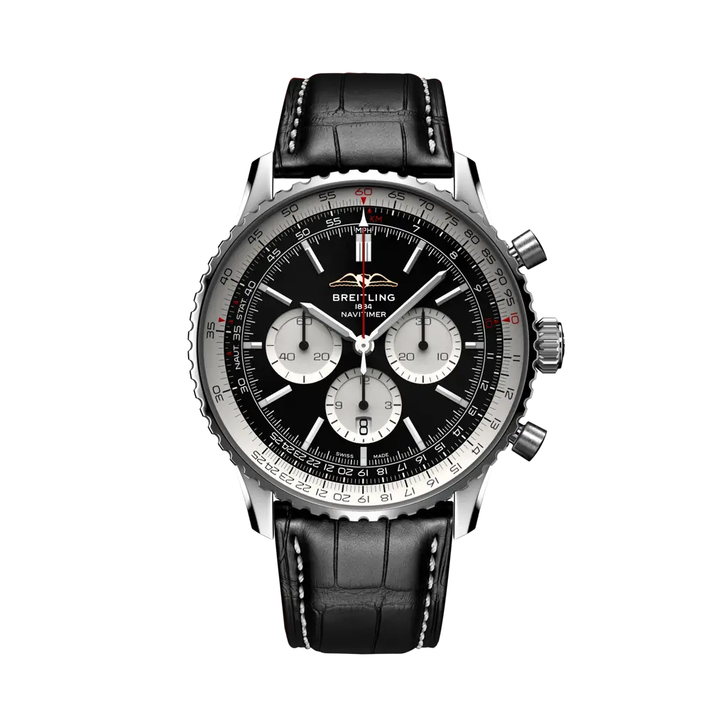Breitling Navitimer B01 Chronograph 46 mm Black And White Dial Stainless Steel Leather Strap AB0137211B1P1