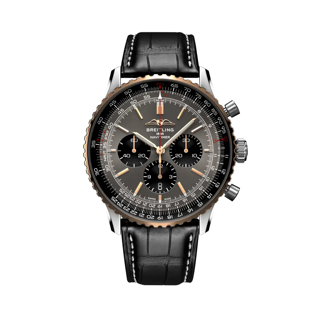 Breitling Navitimer B01 Chronograph 46 mm Black With Grey Dial Stainless Steel & 18K Red Gold Leather Strap UB01371A1B1P1