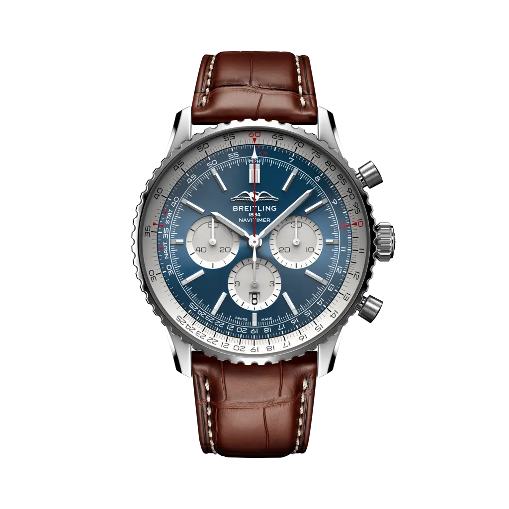 Breitling Navitimer B01 Chronograph 46 mm White And Blue Dial Stainless Steel Leather Strap AB0137211C1P1
