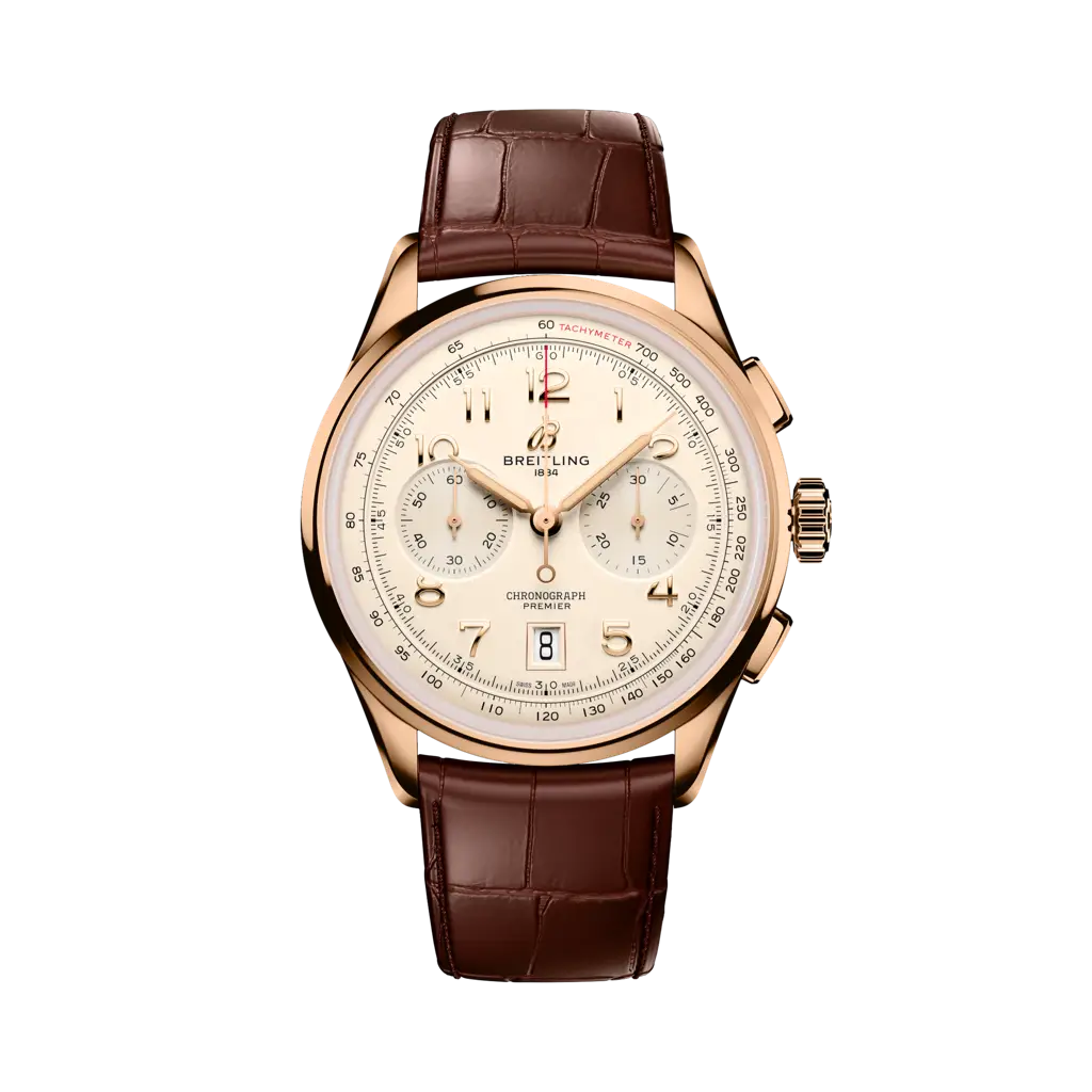 Breitling Premier B01 Chronograph 42 mm Champagne Dial 18k Red Gold Leather Brown Strap RB0145371G1P2
