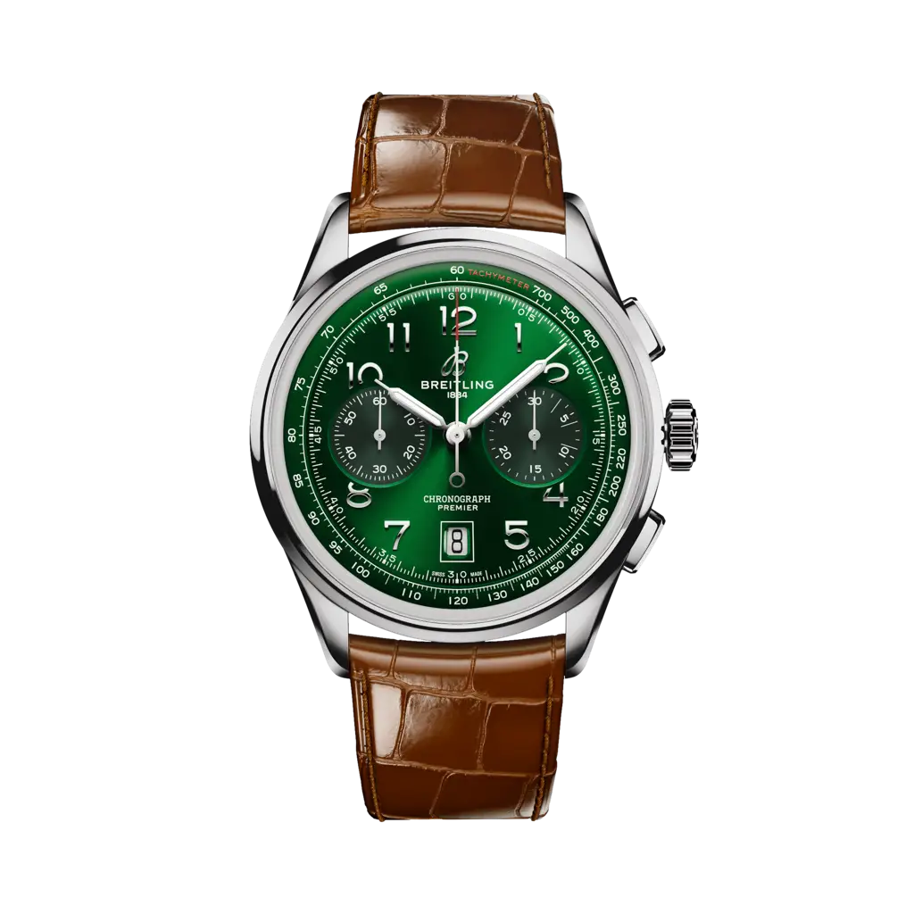 Breitling Premier B01 Chronograph 42 mm Green Dial Stainless Steel Leather Gold Brown Strap AB0145371L1P1