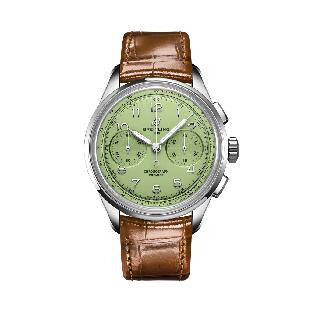 Breitling Premier B09 Chronograph 40 mm Green Dial Stainless Steel Leather Gold Brown Strap AB0930D31L1P1