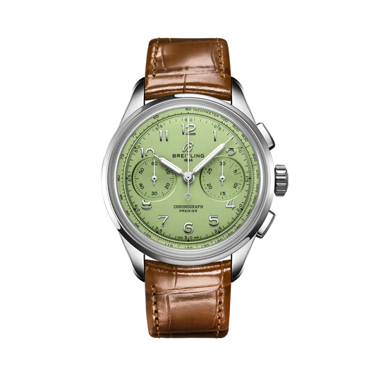 Breitling Premier B09 Chronograph 40 mm Green Dial Stainless Steel Leather Gold Brown Strap AB0930D31L1P1