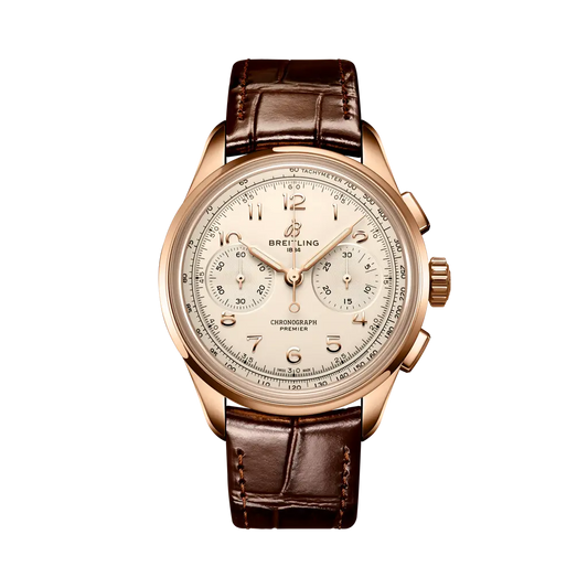 Breitling Premier B09 Chronograph 40 mm Rose White Dial 18K Red Gold   Leather Brown Strap RB0930371G1P1
