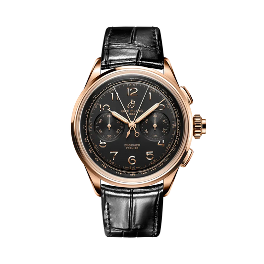 Breitling Premier B15 Duograph  42 mm Bright Black Dial 18K Red Gold   Leather Black Strap RB1510251B1P1