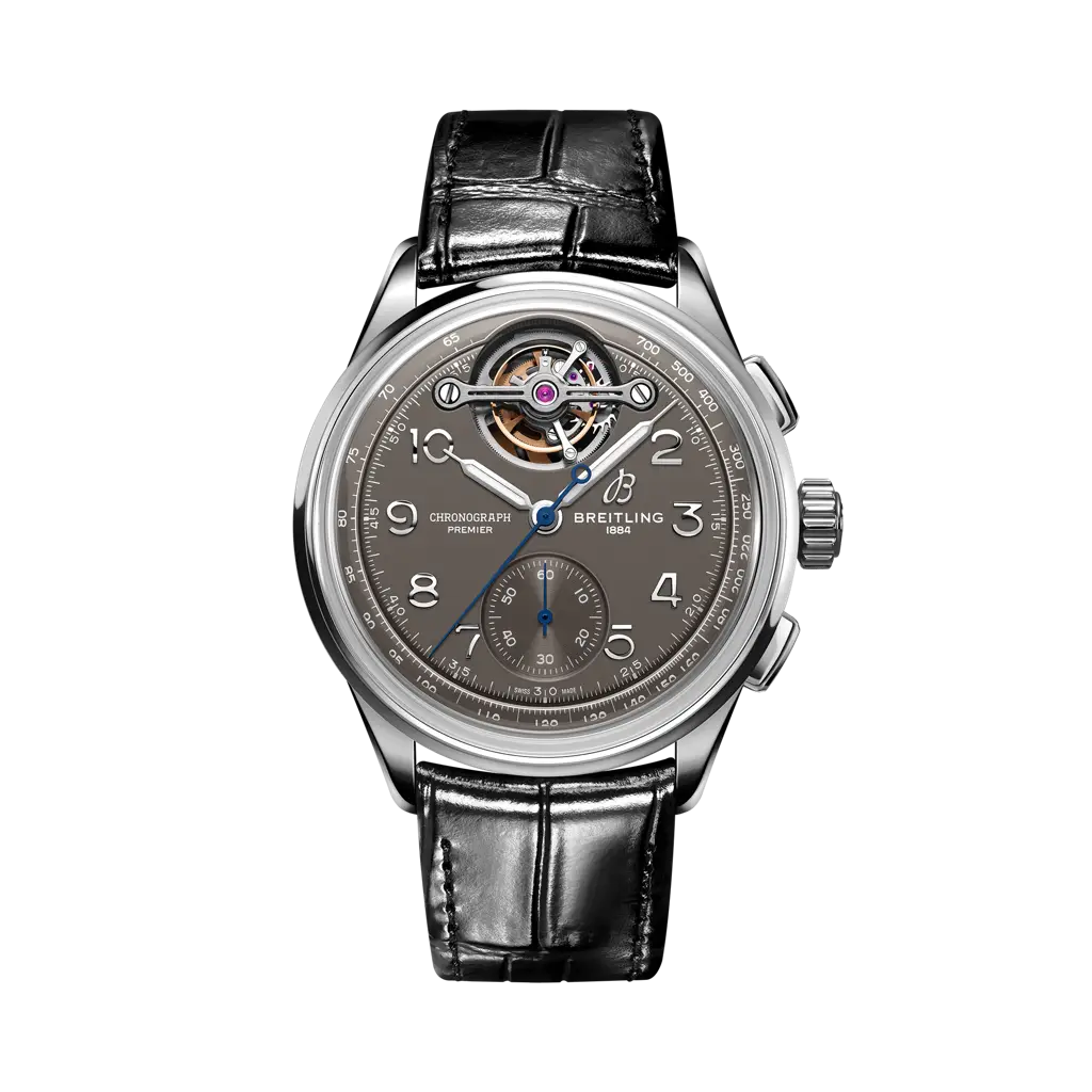 Breitling Premier B21 Chronograph Tourbillon 42 Gaston Breitling 42 mm Grey Dial 18 kt White Gold Leather Black Strap JB2120A61B1P1