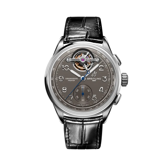 Breitling Premier B21 Chronograph Tourbillon 42 Gaston Breitling 42 mm Grey Dial 18 kt White Gold   Leather Black Strap JB2120A61B1P1