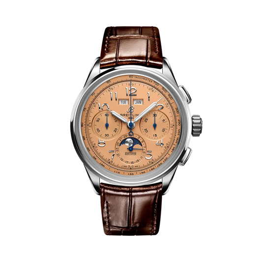 Breitling Premier B25 Datora 42 mm Rose Yellow Dial Stainless Steel Leather Brown Strap AB2510201K1P1