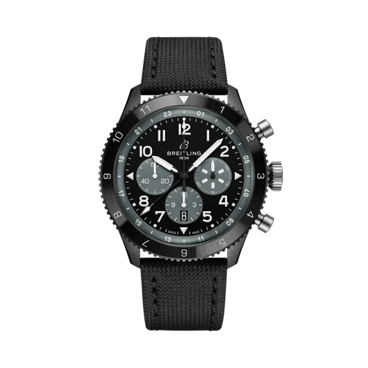 Breitling Super AVI B04 Chronograph GMT 46 Mosquito Night Fighter 46 mm Black Dial Ceramic   Leather Strap SB04451A1B1X1