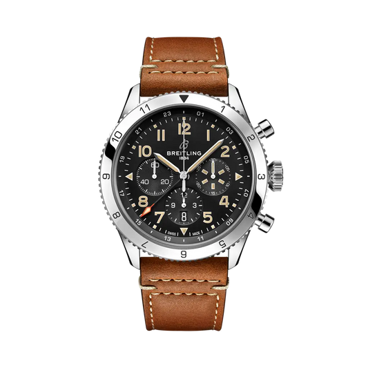 Breitling Super AVI B04 Chronograph GMT 46 P-51 Mustang 46 mm Black Dial Stainless Steel   Leather Strap AB04453A1B1X1