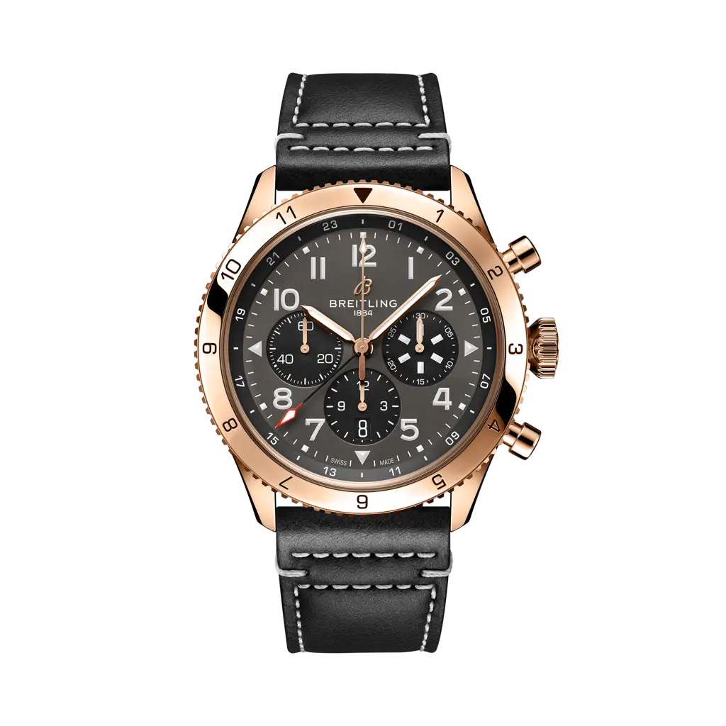 Breitling Super AVI B04 Chronograph GMT 46 P-51 Mustang 46 mm Bright Black Dial 18K Red Gold   Leather Strap RB04451A1B1X1