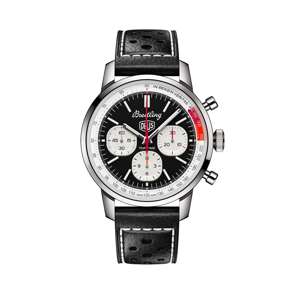 Breitling Top Time B01 Deus 41 mm Black And White Dial Stainless Steel Leather Black Strap AB01765A1B1X1