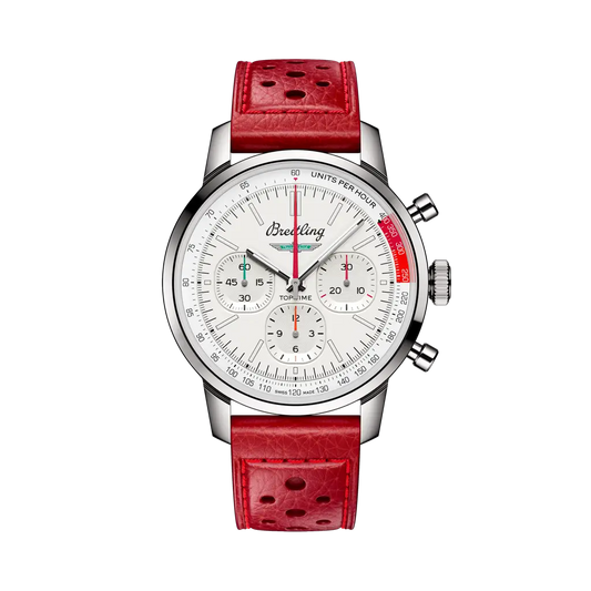 Breitling Top Time B01 Ford Thunderbird 41 mm  White Dial Stainless Steel   Leather Red Strap AB01766A1A1X1