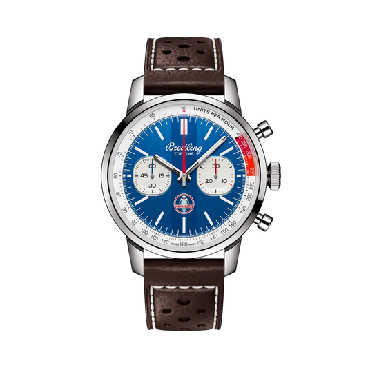 Breitling Top Time B01 Shelby Cobra 41 mm  White And Blue Dial Stainless Steel   Leather Brown Strap AB01763A1C1X1