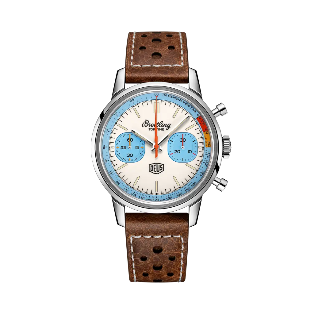 Breitling Top Time Deus 41 mm White And Sky Blue Dial Stainless Steel Leather Brown Strap A233112A1A1X1