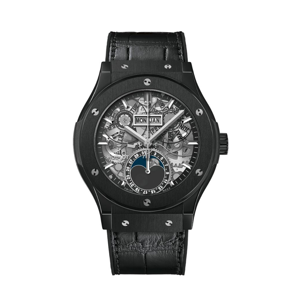 Hublot Classic Fusion Aerofusion Moonphase Black Magic 42 mm Transparent Dial Black Ceramic   Leather Strap 547.CX.0170.LR