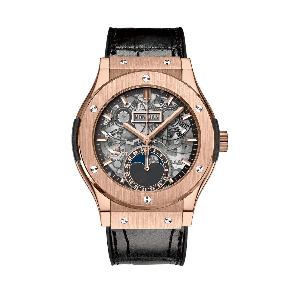 Hublot Classic Fusion Aerofusion Moonphase King Gold 42 mm Transparent Dial 18K King Gold   Leather Strap 547.OX.0180.LR