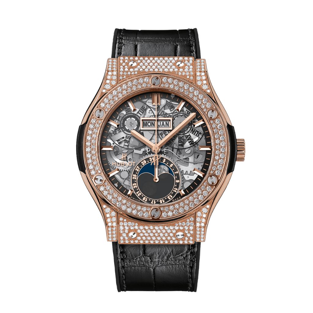 Hublot Classic Fusion Aerofusion Moonphase King Gold Pavé 42 mm Transparent Dial with Diamonds 18K King Gold   Leather Strap 547.OX.0180.LR.1704