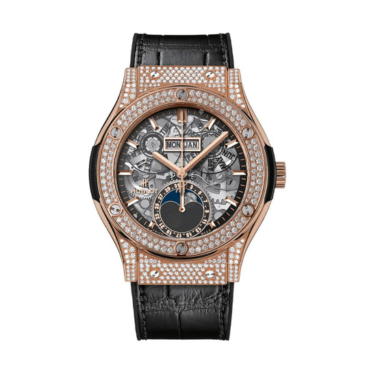 Hublot Classic Fusion Aerofusion Moonphase King Gold Pavé 42 mm Transparent Dial with Diamonds 18K King Gold   Leather Strap 547.OX.0180.LR.1704